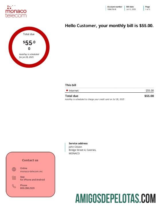 Conta de serviços públicos de Internet da Monaco Telecom, 3 páginas amostra